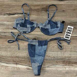 Urban Outfitters Tie-Side Denim Patchwork Bikini Set